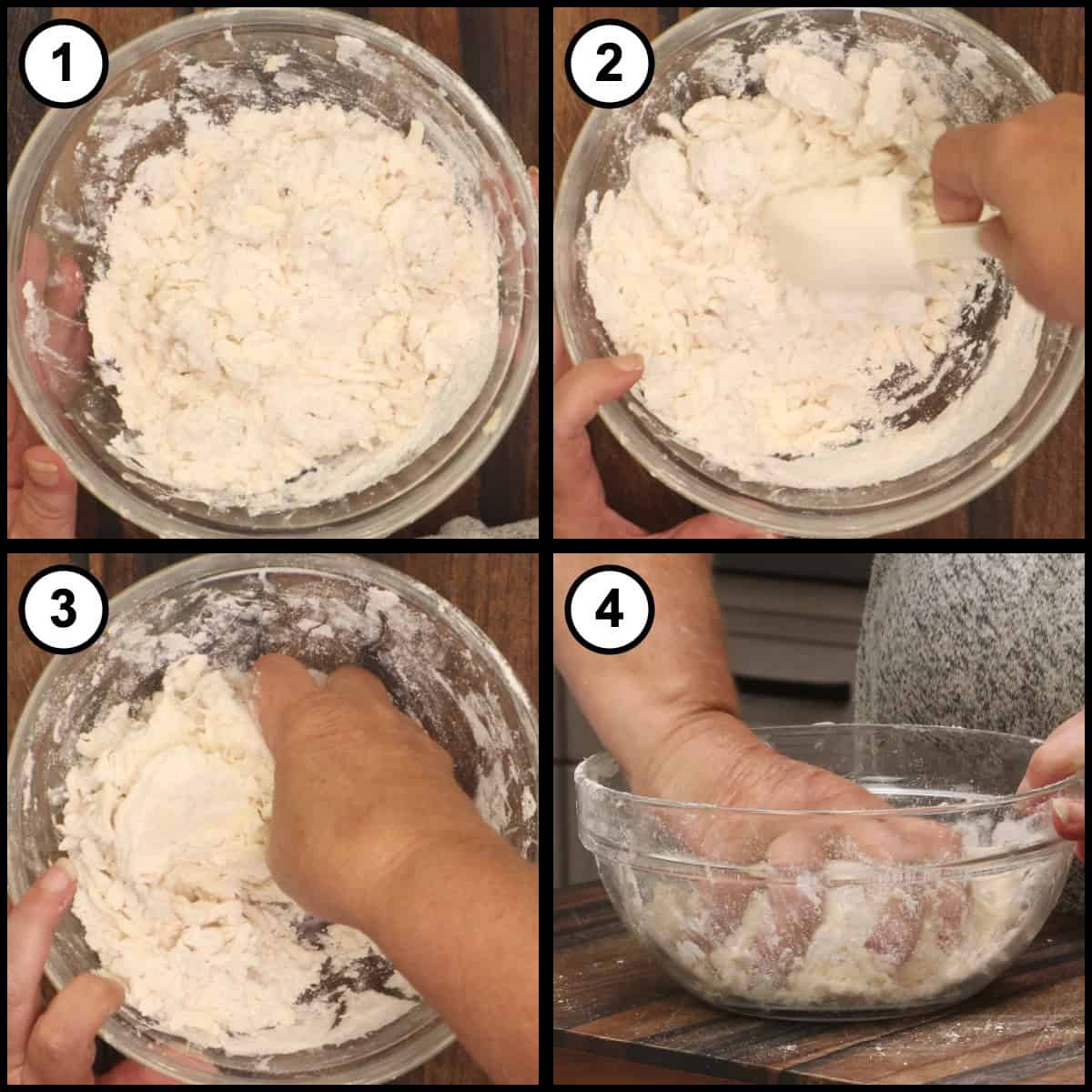 Step-by-step graphic for step 4 of Mississippi Mud Pie, showing four panels: the rested dough in the bowl, mixing it with a spatula, squeezing it together by hand, and pressing in the last of the loose flour.