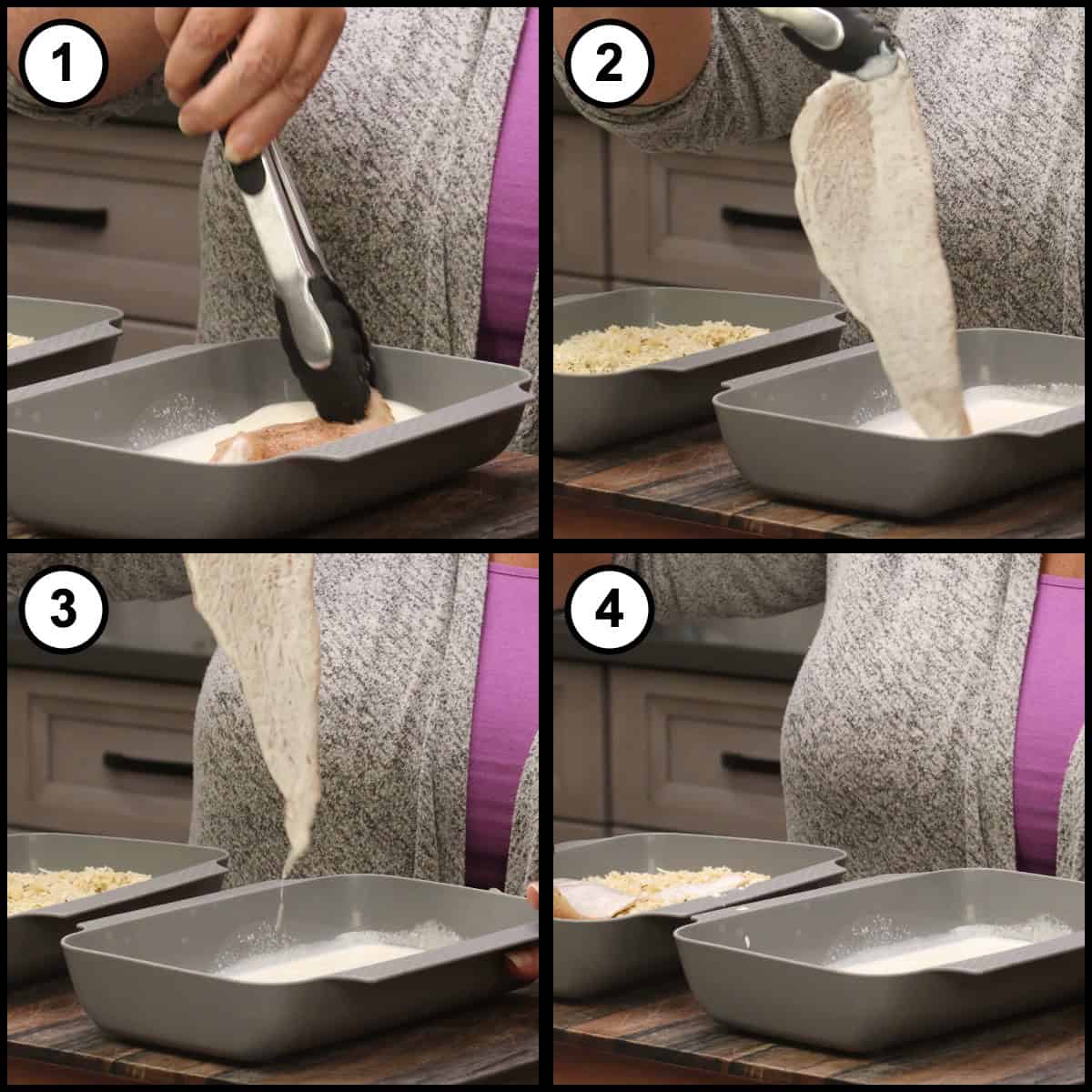 Step by step graphic for step 4 of Air Fryer Chicken Parmesan, four panels showing a chicken cutlet dipped in the heavy cream with tongs, lifted to let the excess drip off, and laid into the seasoned panko mixture.