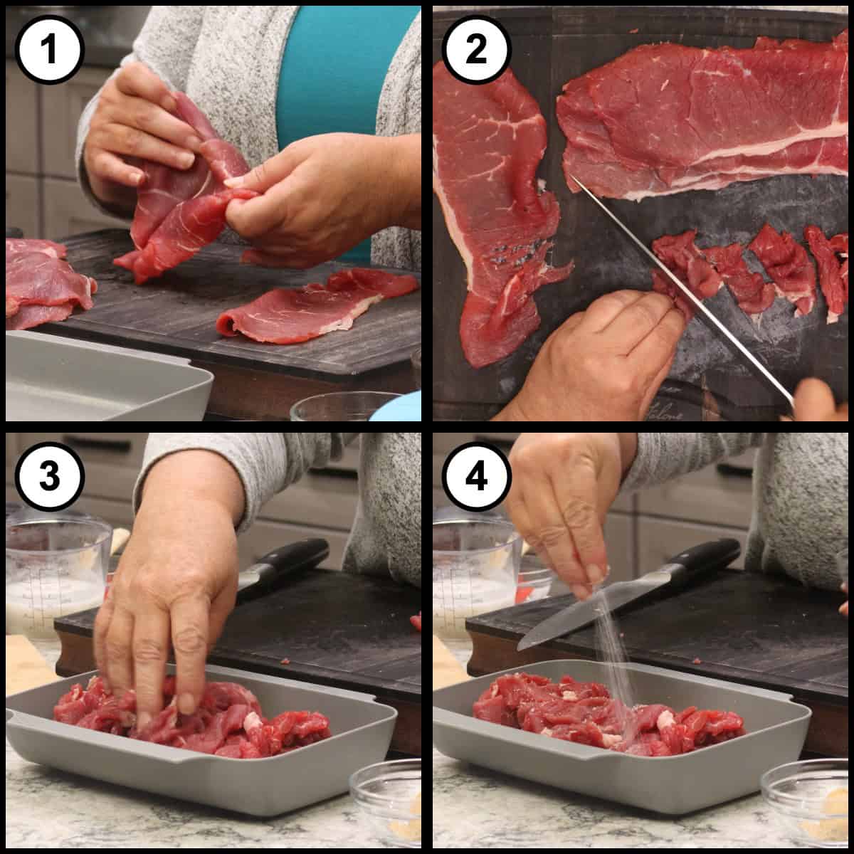 Step by step graphic for step 4 of Thai Red Curry Beef, showing four panels of prepping the beef: separating the thin sliced bottom round, cutting it into strips on a dark board, spreading the separated strips in a grey tray, and sprinkling salt over the top.