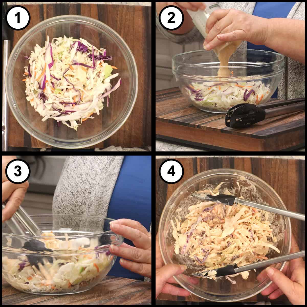 Step-by-step graphic for Reuben Salad step 4, showing shredded green and red cabbage with carrot in a glass bowl, Thousand Island dressing poured over the top, and the slaw tossed with tongs until evenly coated.