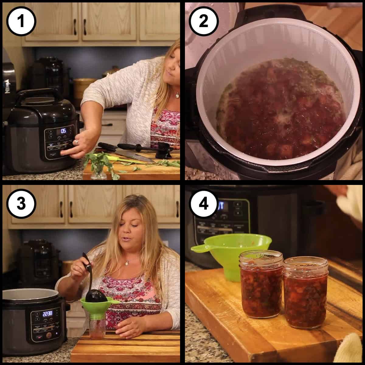 Step by step graphic for step 4 of Strawberry Basil Preserves, showing the Ninja Foodi set to 5 minutes, the bubbling preserves in the pot, ladling them through a canning funnel into a jar, and two filled jars on a cutting board.