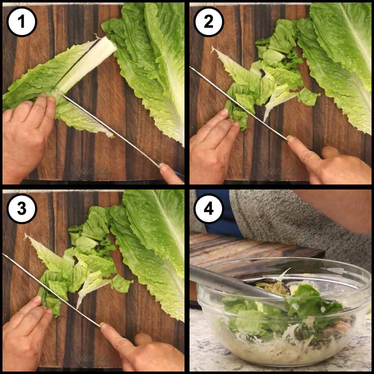 Step-by-step graphic for Reuben Salad step 5, showing romaine leaves being trimmed and chopped on a wooden board, then added to the bowl of dressed slaw.