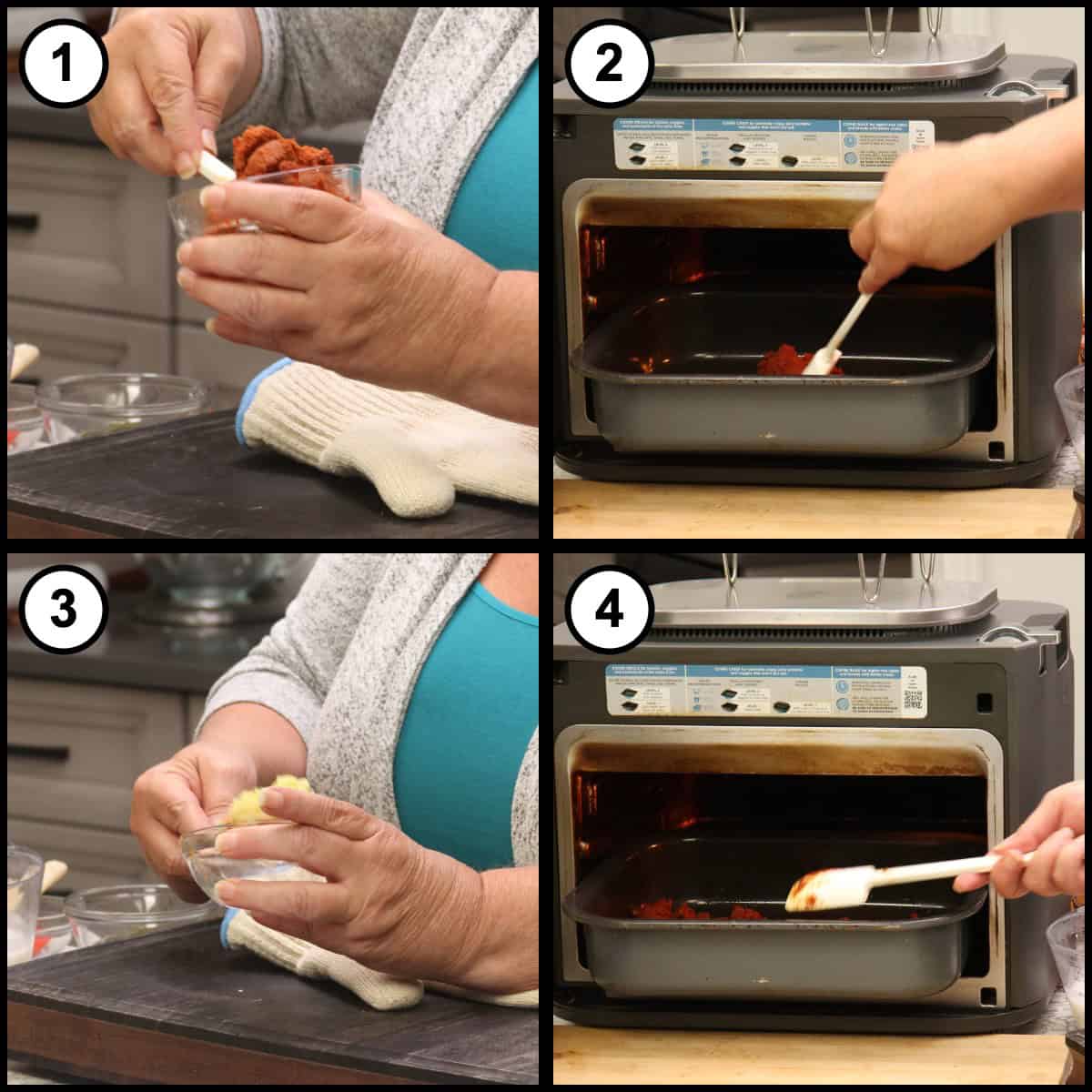 Step by step graphic for step 5 of Thai Red Curry Beef, showing four panels of scraping red curry paste into the hot oil in the Ninja Combi pan, spreading and breaking it up with a spatula, then adding the minced ginger and garlic and stirring them in.