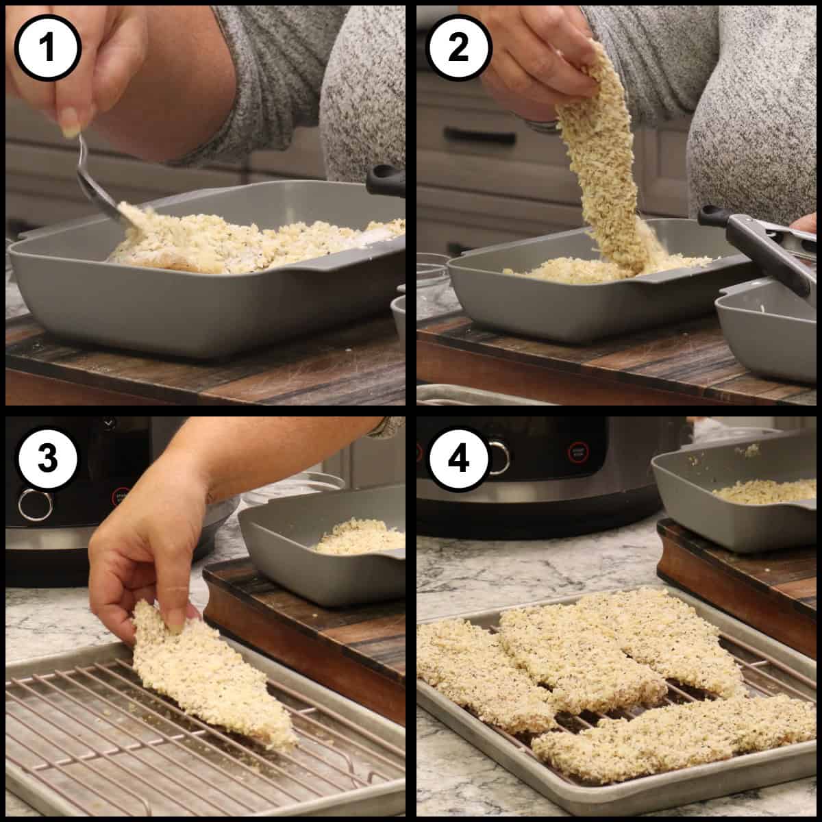 Step by step graphic for step 5 of Air Fryer Chicken Parmesan, four panels showing breading spooned over a cutlet and pressed in, the coated cutlet lifted, and all of the breaded cutlets resting on a wire rack set in a sheet tray.