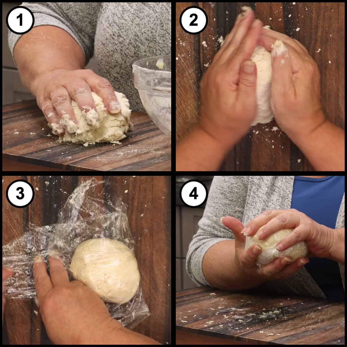 Step-by-step graphic for step 5 of Mississippi Mud Pie, showing four panels: pressing the dough into a disc on a wooden board, shaping it between both hands, wrapping it in plastic wrap, and the wrapped dough ready for a 30 minute chill.