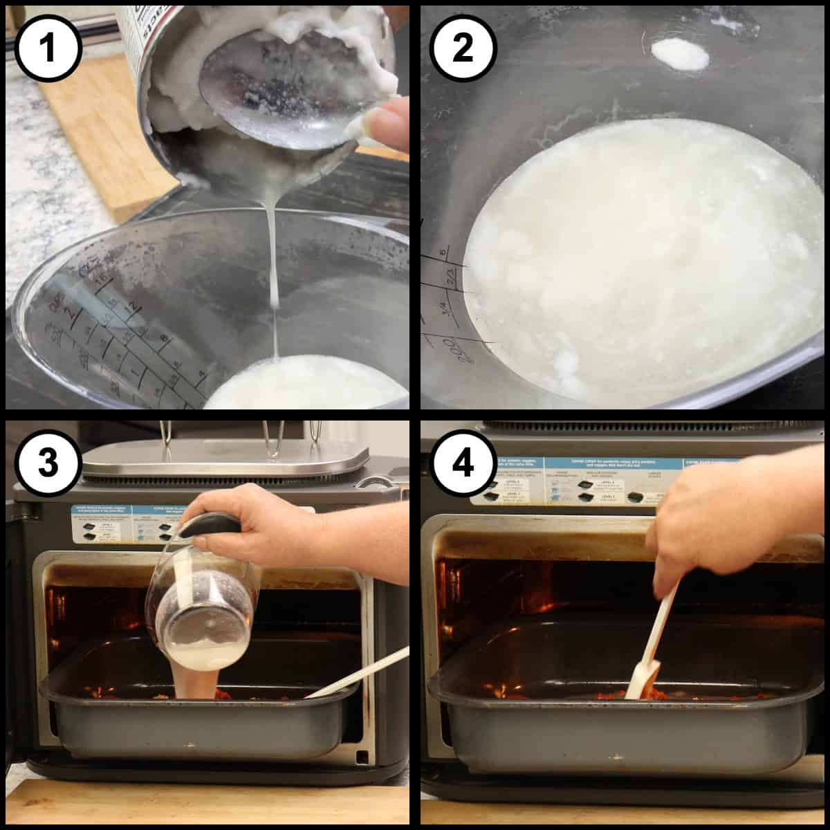 Step by step graphic for step 6 of Thai Red Curry Beef, showing four panels of pouring the thin liquid from a can of coconut milk into a glass measuring cup, the measured coconut milk in the cup, pouring it over the sautéed curry paste in the Ninja Combi, and stirring it together.