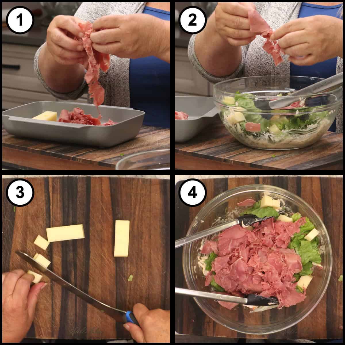 Step-by-step graphic for Reuben Salad step 6, showing corned beef torn into pieces, Swiss cheese cut into batons on a wooden board, and both added to the bowl of slaw and romaine.