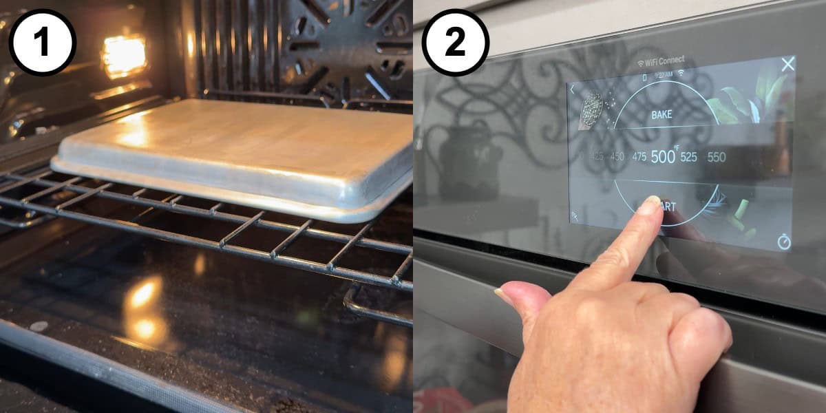 Step-by-step graphic for step 6 of Mississippi Mud Pie, showing two panels: a baking tray turned upside down on the middle oven rack, and setting the oven to 500 degrees Fahrenheit on the bake setting.