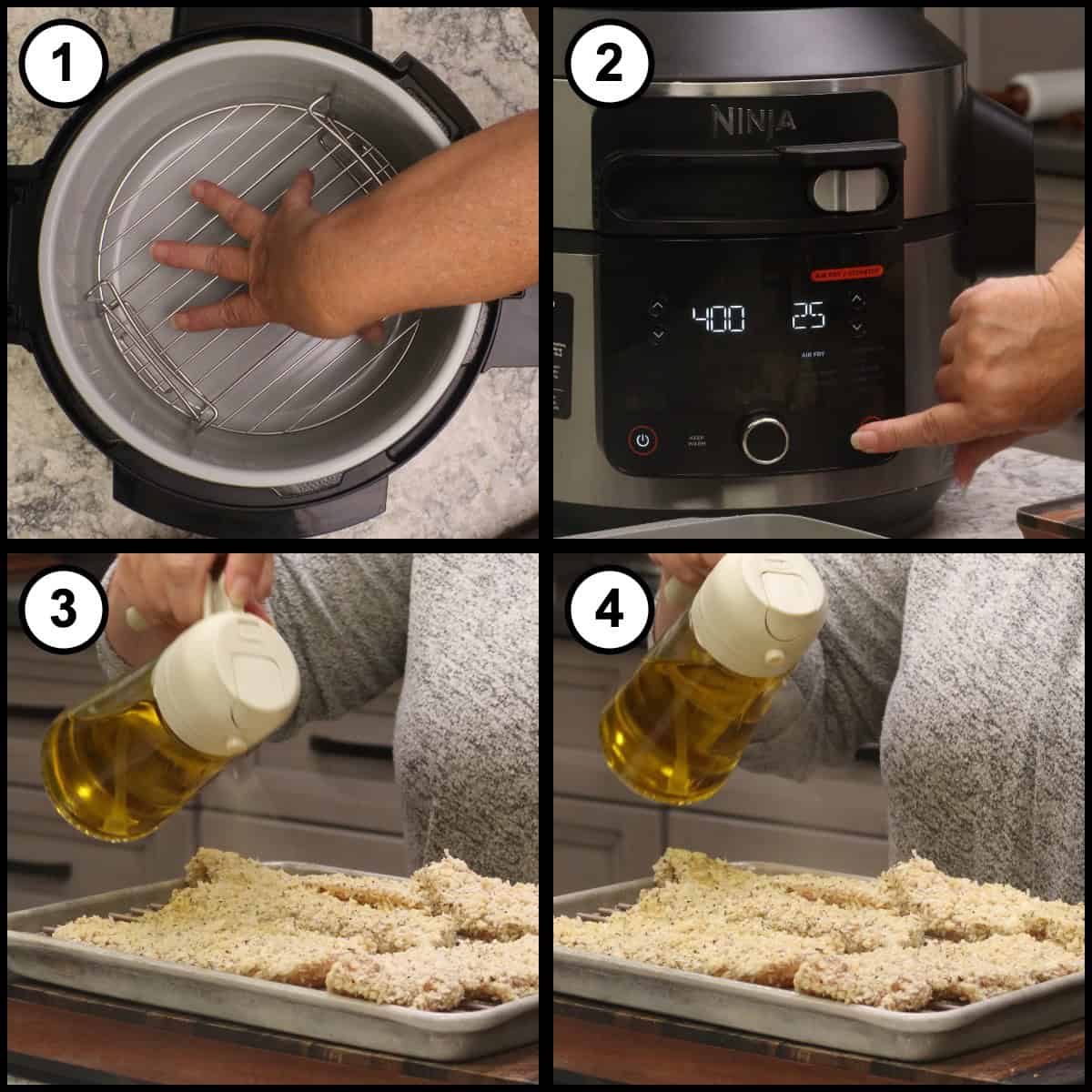 Step by step graphic for step 6 of Air Fryer Chicken Parmesan, four panels showing the reversible rack set in the low position inside the Ninja Foodi, the control panel set to 400 degrees for 25 minutes, and the breaded cutlets spritzed with oil on both sides.
