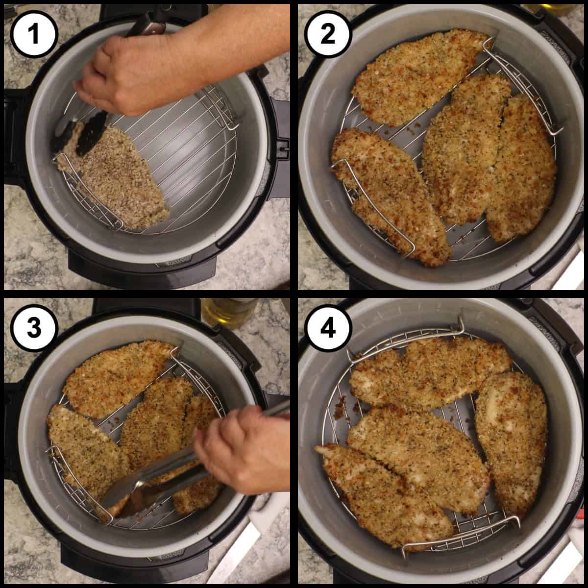 Step by step graphic for step 7 of Air Fryer Chicken Parmesan, four panels showing breaded cutlets laid on the rack in a single layer, browning in the Ninja Foodi, being flipped with metal tipped tongs, and crisped on the second side.