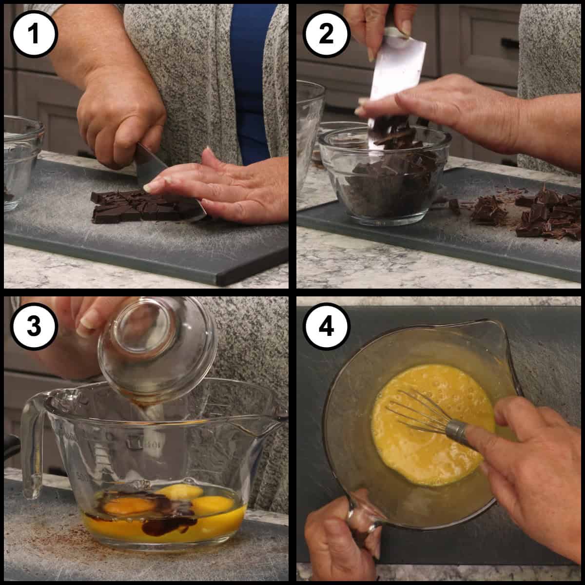 Step-by-step graphic for step 7 of Mississippi Mud Pie, showing four panels: chopping dark chocolate with a knife on a cutting board, scraping the chopped chocolate into a glass bowl, adding vanilla to eggs in a glass measuring cup, and whisking the eggs until smooth.