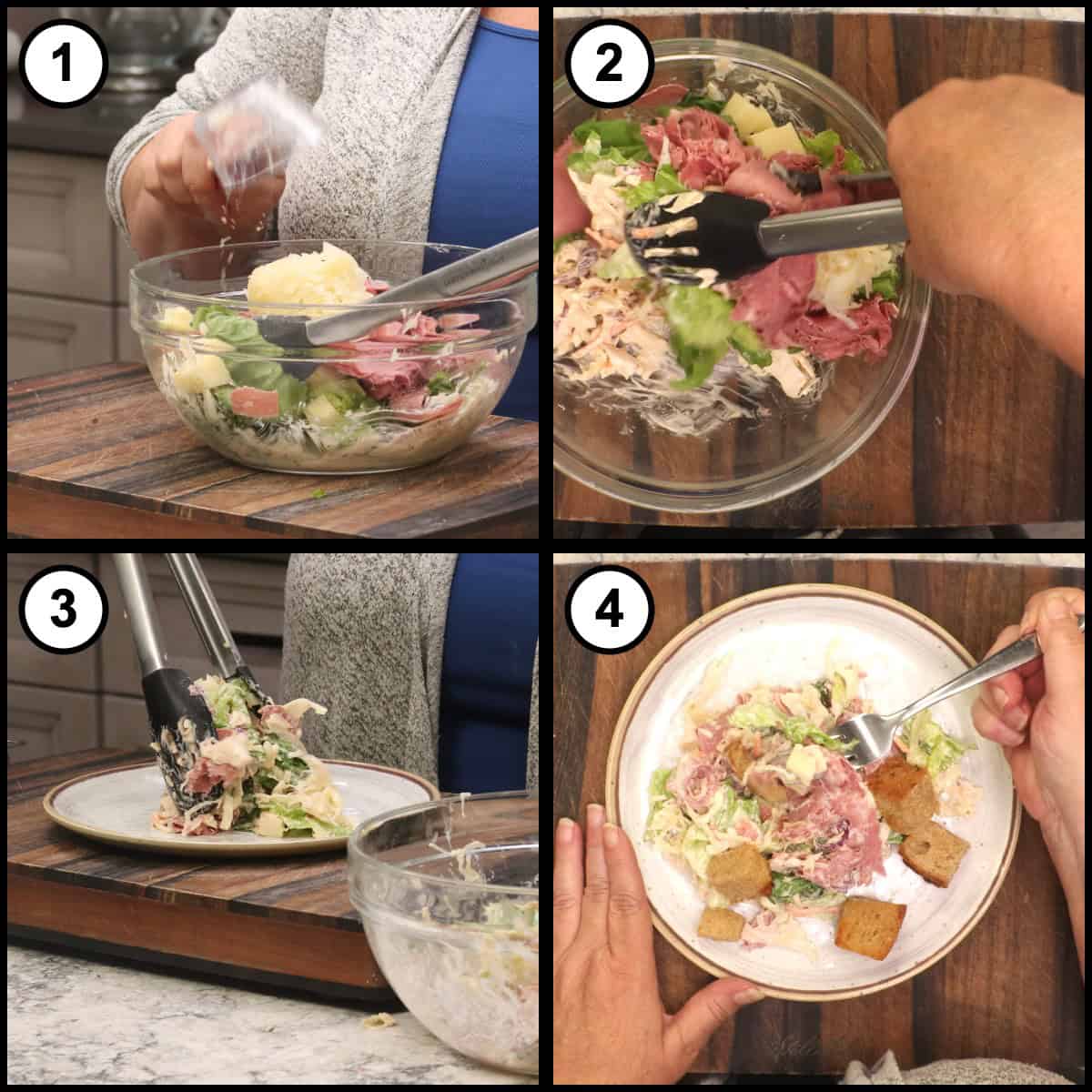 Step-by-step graphic for Reuben Salad step 7, showing shredded Swiss cheese sprinkled over the bowl, the salad tossed with tongs, a portion plated, and the plate finished with rye croutons.