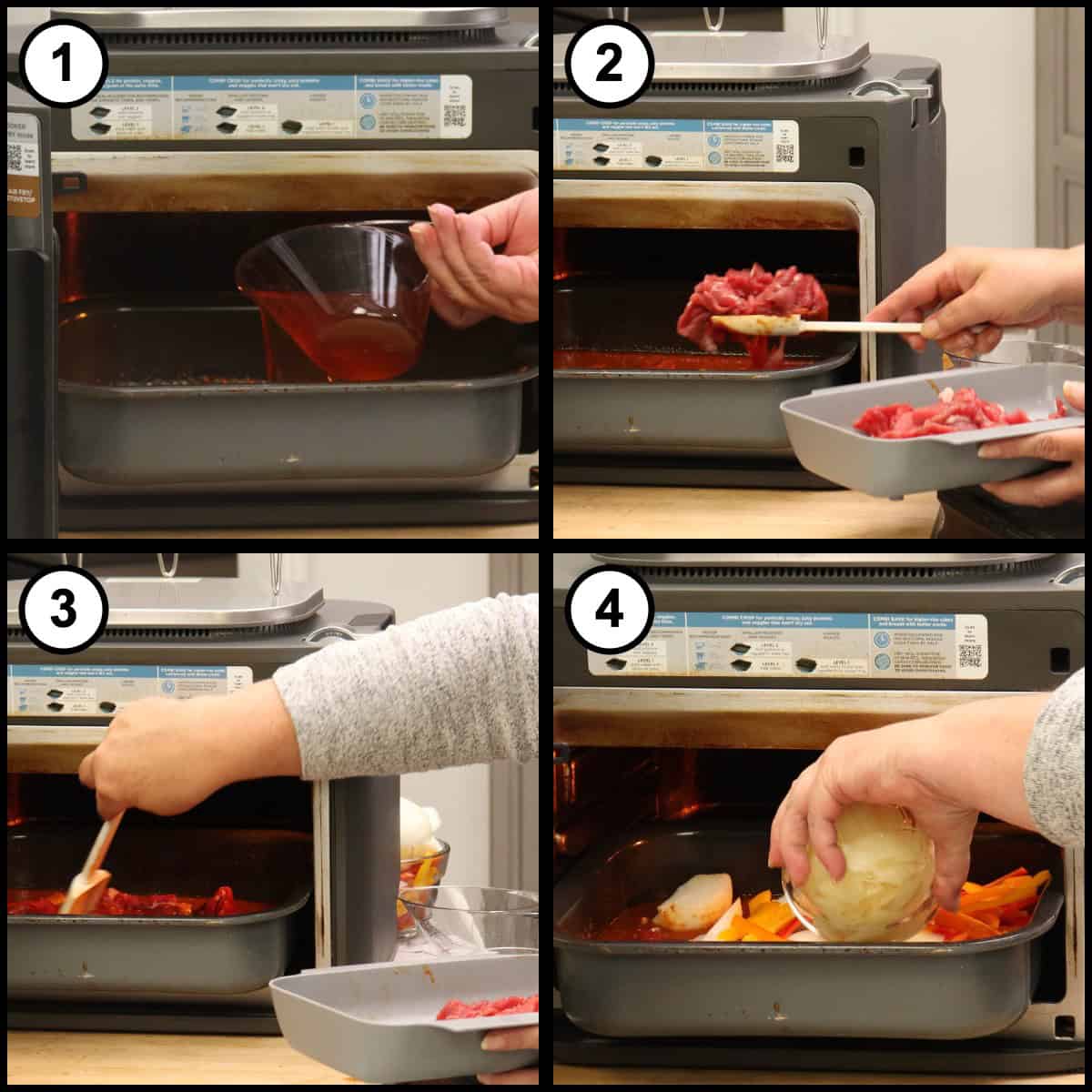 Step by step graphic for step 8 of Thai Red Curry Beef, showing four panels of pouring beef broth into the Ninja Combi pan, adding the salted beef strips from a grey tray, spreading them out under the liquid, and tipping in the sliced sweet onion.