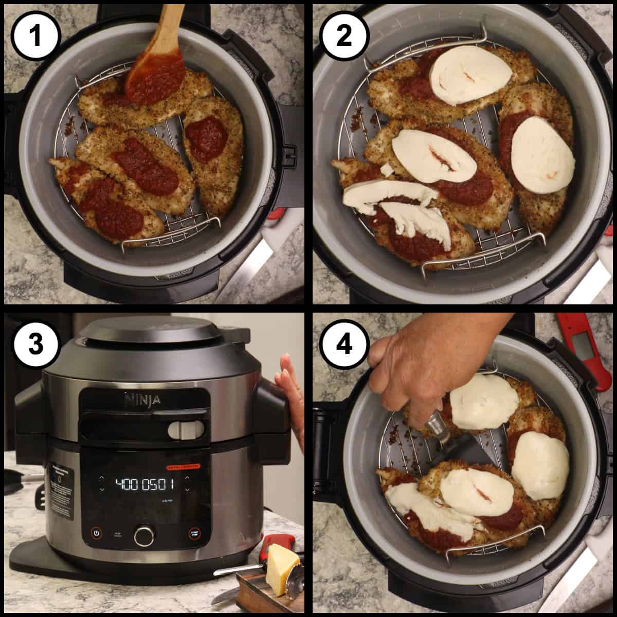 Step by step graphic for step 8 of Air Fryer Chicken Parmesan, four panels showing marinara spooned lightly onto each cutlet, slices of fresh mozzarella laid over the sauce, the Ninja Foodi running at 400 degrees, and the internal temperature being checked with a thermometer.