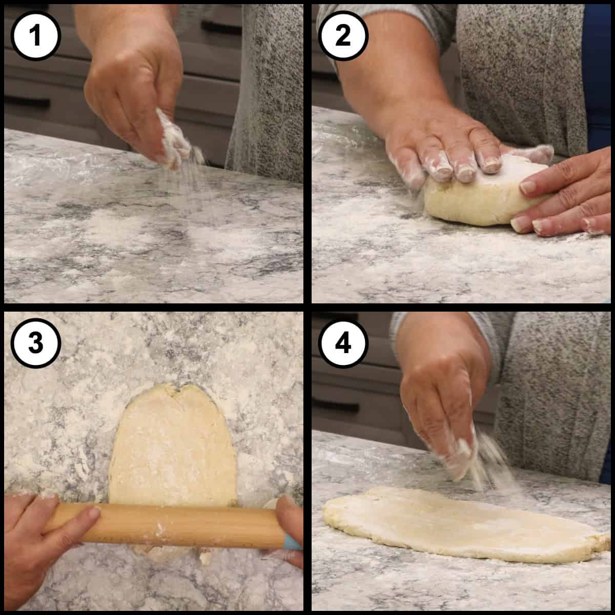 Step-by-step graphic for step 8 of Mississippi Mud Pie, showing four panels: sprinkling flour over the counter, pressing the chilled dough into a disc, starting to roll it out with a rolling pin, and flouring the top of the flattened dough.