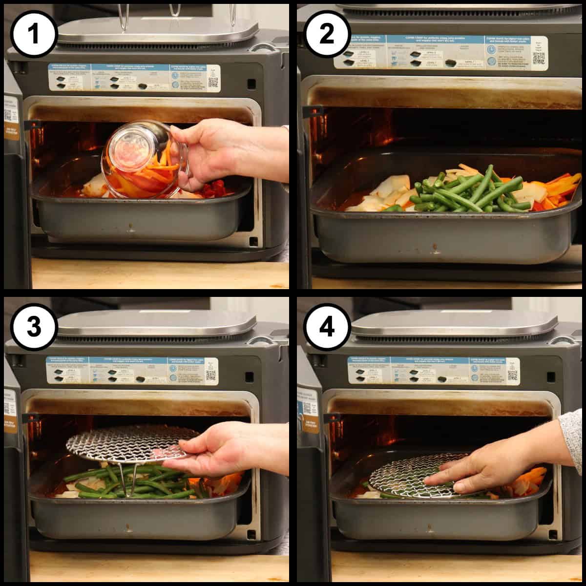Step by step graphic for step 9 of Thai Red Curry Beef, showing four panels of adding the mini sweet pepper strips to the pan, laying the fresh green beans over the top of the other vegetables, and setting the small round rack into the Ninja Combi above them.
