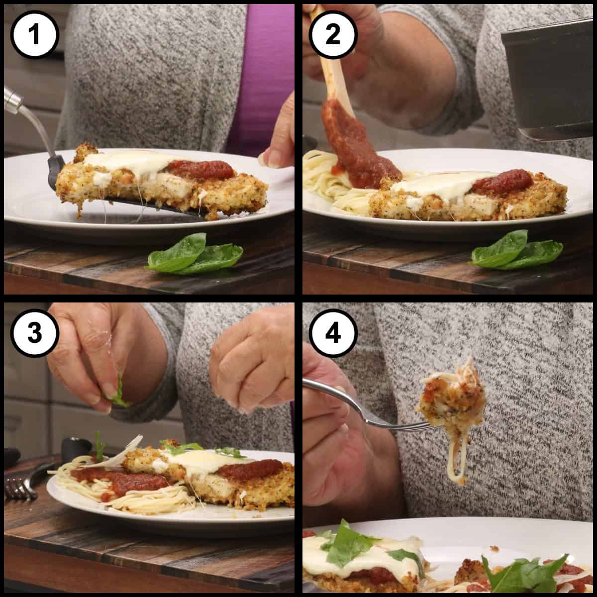 Step by step graphic for step 9 of Air Fryer Chicken Parmesan, four panels showing a finished cutlet lifted onto a plate of angel hair pasta, extra marinara spooned over, fresh basil torn on top, and a forkful of the crispy chicken with melted cheese.