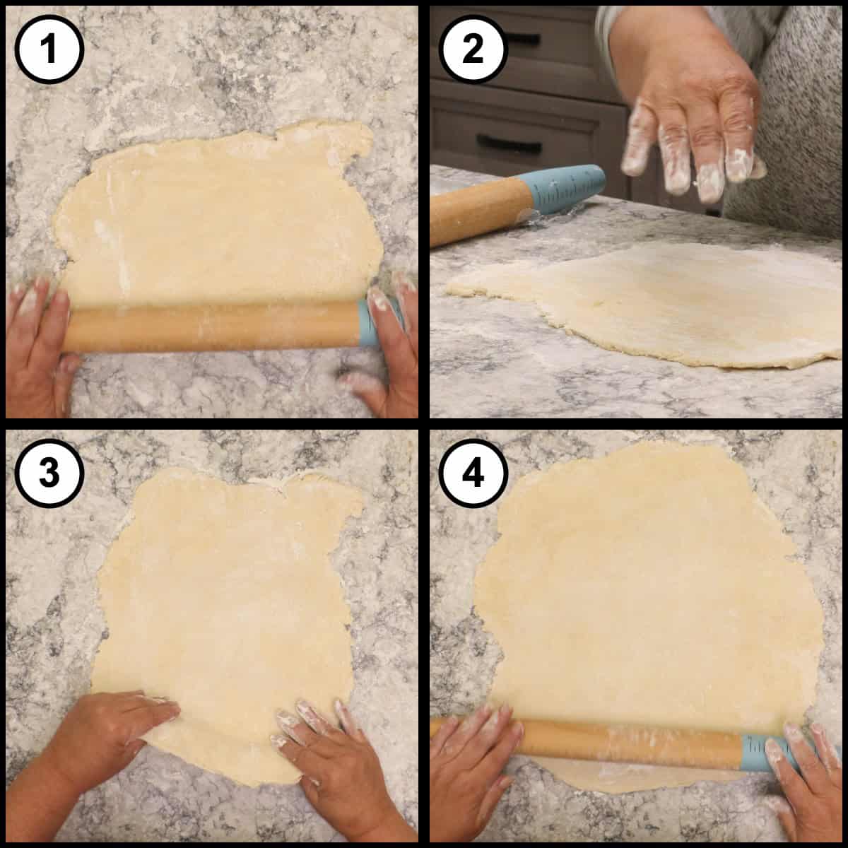 Step-by-step graphic for step 9 of Mississippi Mud Pie, showing four panels of the dough being rolled out on a floured counter, flipped and floured between passes, and rolled into a large round well past the width of the pie plate.