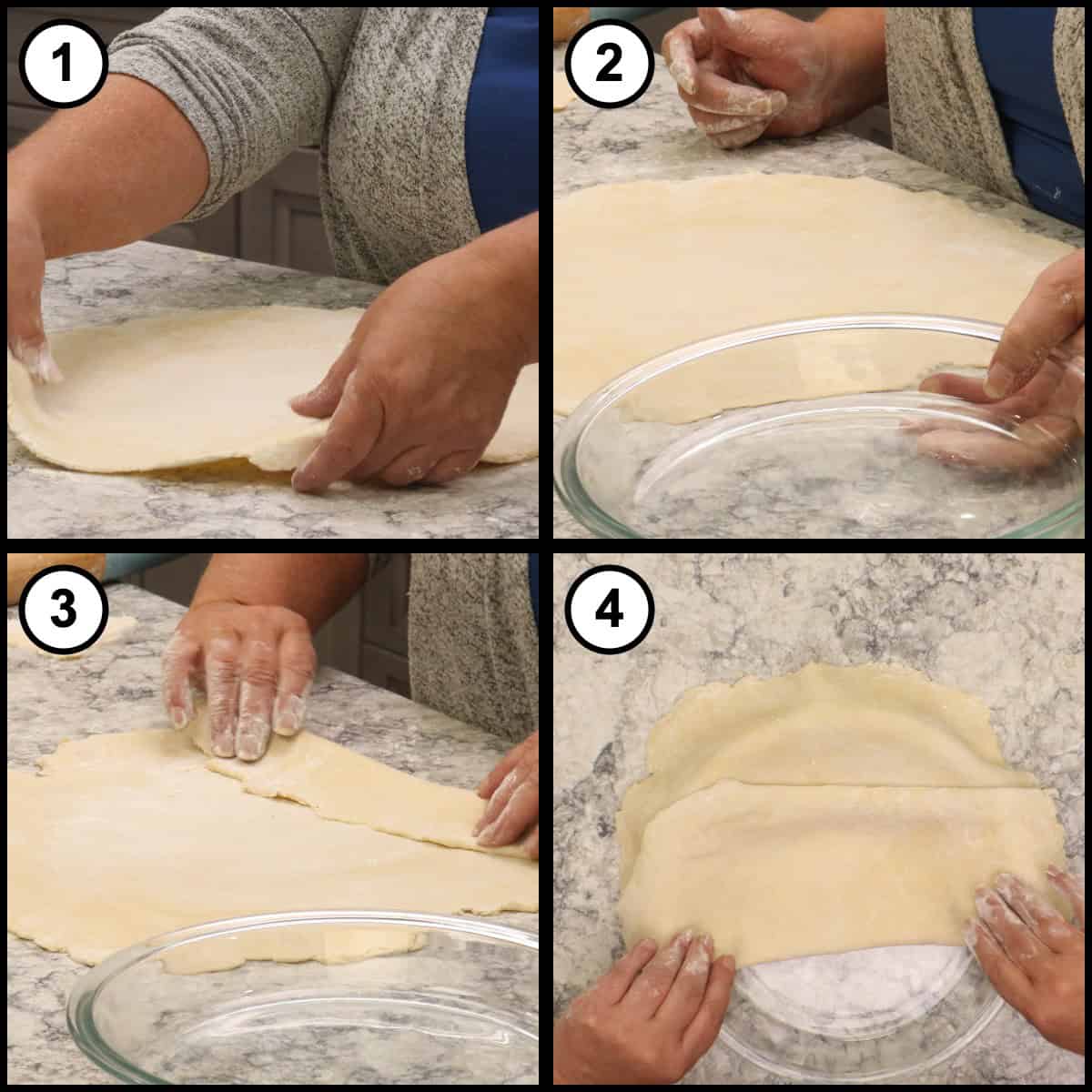Step-by-step graphic for step 10 of Mississippi Mud Pie, showing four panels: loosening the rolled dough from the counter, folding it over on itself, moving it across to a glass pie plate, and laying it over the plate.