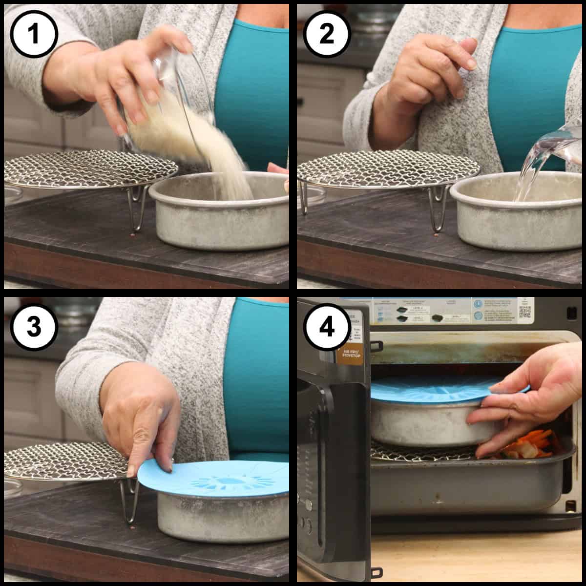 Step by step graphic for step 10 of Thai Red Curry Beef, showing four panels of pouring jasmine rice into a round metal pan, adding the water, covering the pan with a blue silicone lid, and sliding it onto the rack inside the Ninja Combi above the curry.