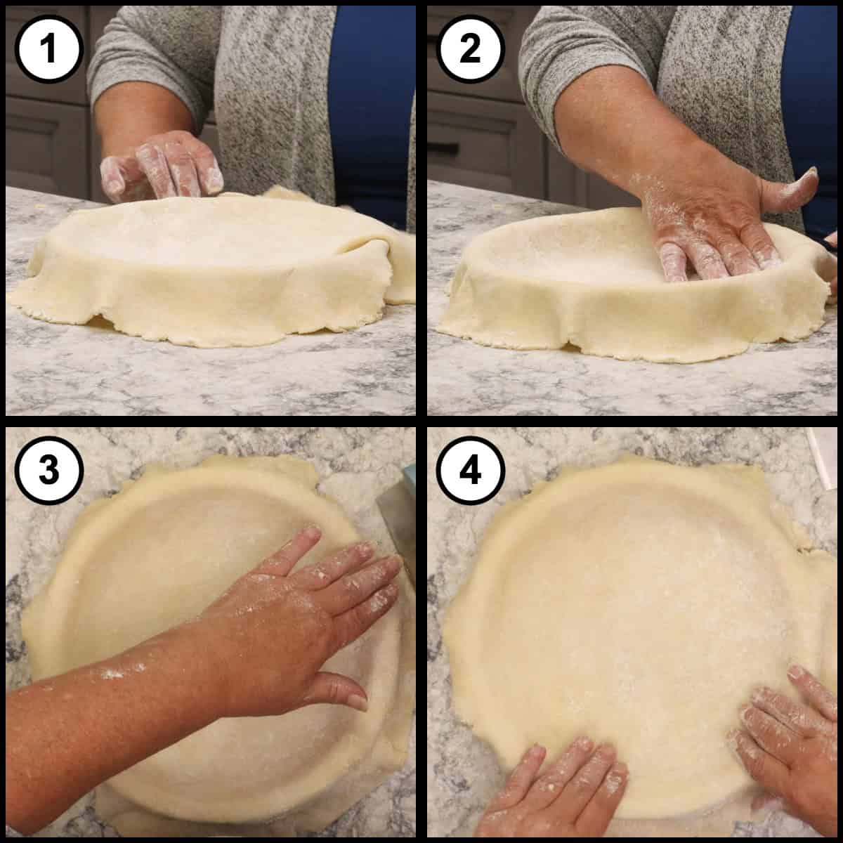 Step-by-step graphic for step 11 of Mississippi Mud Pie, showing four panels: settling the dough down into the glass pie plate without stretching it, easing it into the bottom corners, and the crust with an even overhang trimmed around the rim.