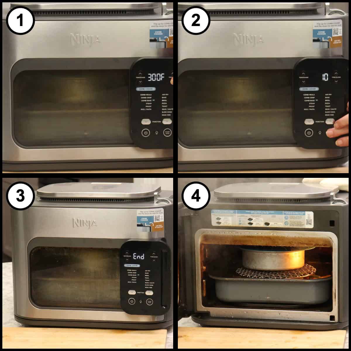 Step by step graphic for step 11 of Thai Red Curry Beef, showing four panels of the Ninja Combi display set to 300℉, the time set to 10 minutes, the display reading End when the cycle finishes, and the covered pan of rice sitting on the rack above the cooked curry.