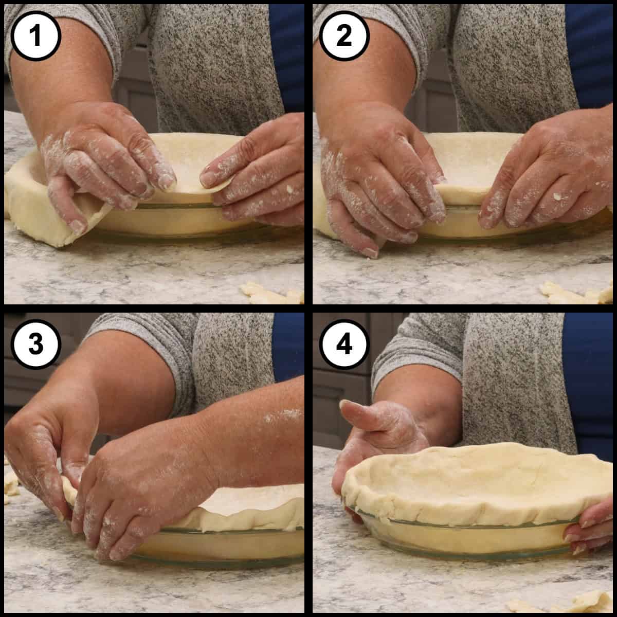 Step-by-step graphic for step 12 of Mississippi Mud Pie, showing four panels: folding the overhanging dough under itself and pressing it against the lip of the pie plate to build a raised ledge all the way around.