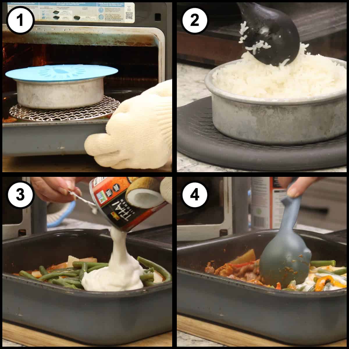 Step by step graphic for step 12 of Thai Red Curry Beef, showing four panels of lifting the pan of rice out of the Ninja Combi with a mitt, the fluffed jasmine rice in its pan, pouring the reserved coconut milk over the curry, and stirring it in to make the sauce creamy.