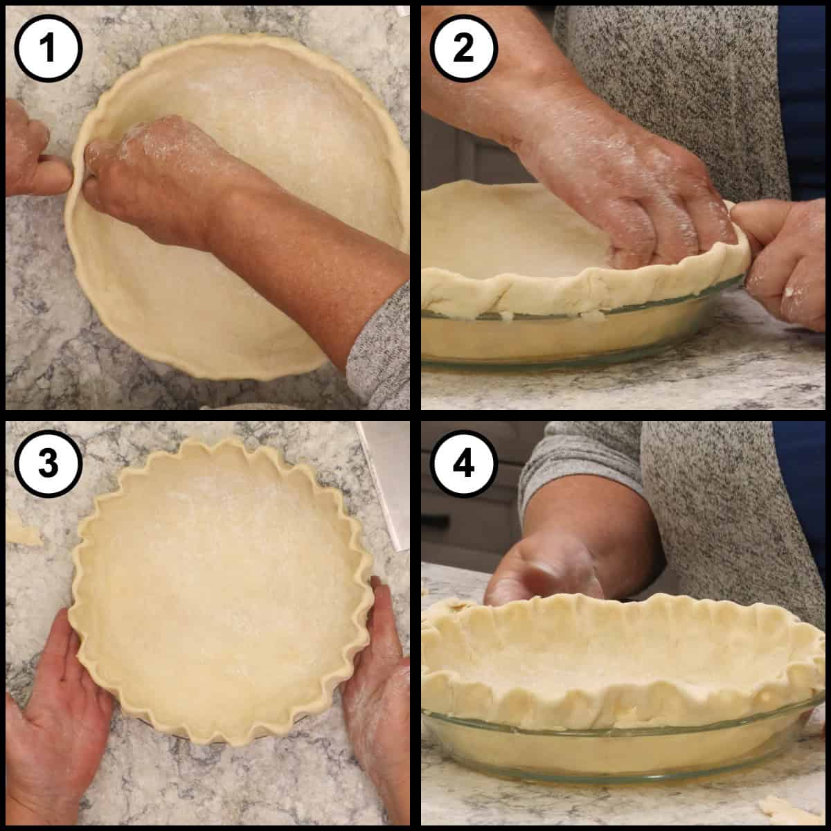 Step-by-step graphic for step 13 of Mississippi Mud Pie, showing four panels: crimping the raised edge with the knuckles, working around the plate, and the finished fluted crust before it goes back into the refrigerator.