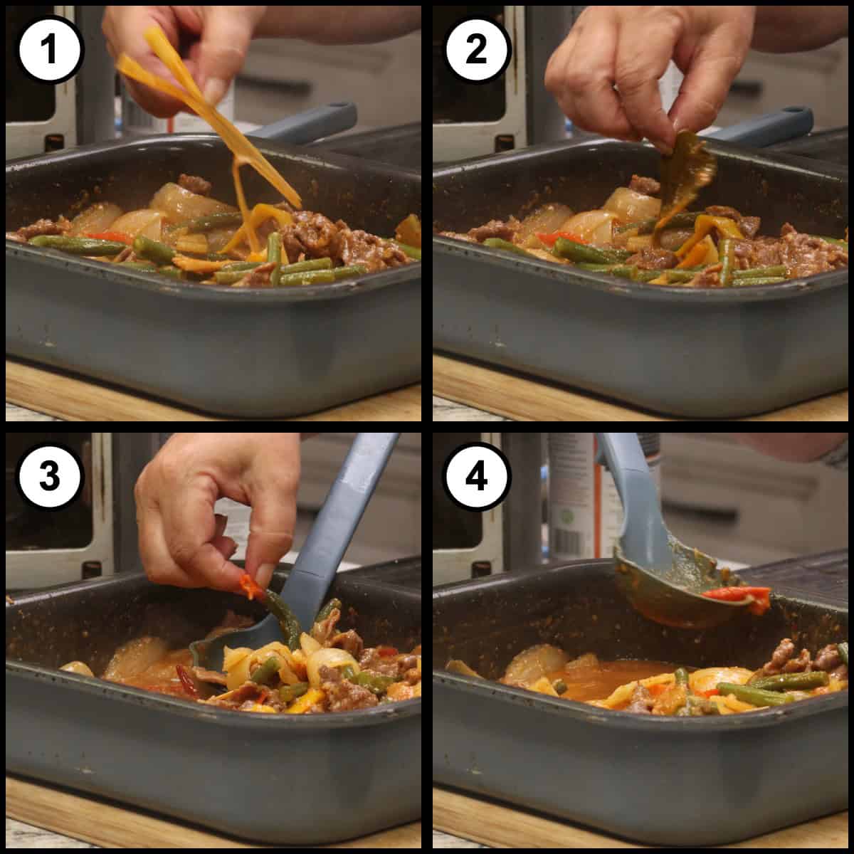 Step by step graphic for step 13 of Thai Red Curry Beef, showing four panels of pulling the lemongrass stalk out of the finished curry with tongs, lifting out a kaffir lime leaf, and picking the red Thai chilies out with fingers and a spatula.