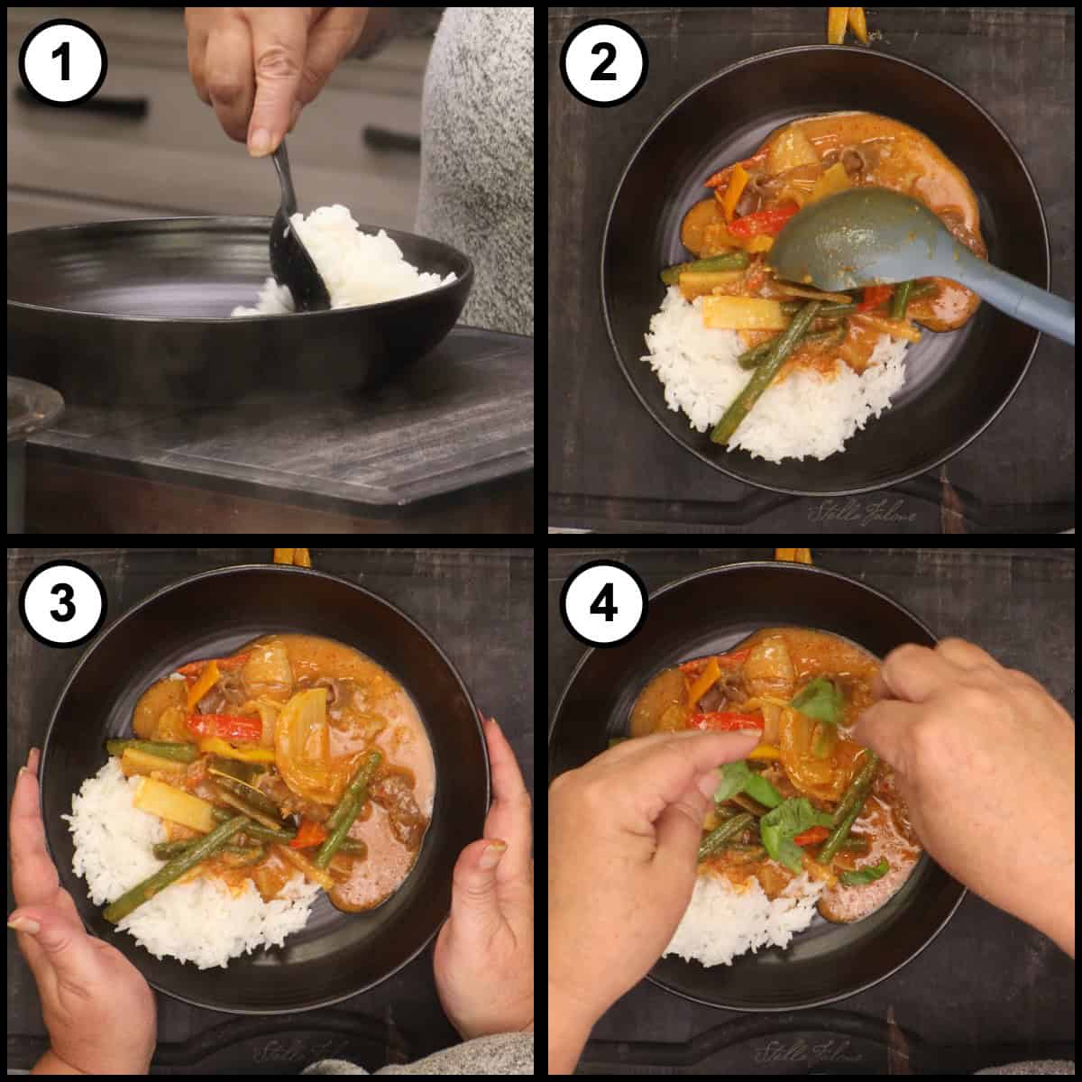 Step by step graphic for step 14 of Thai Red Curry Beef, showing four panels of spooning jasmine rice into a black bowl, ladling the curry alongside the rice, the plated bowl of curry and rice, and tearing fresh basil leaves over the top.