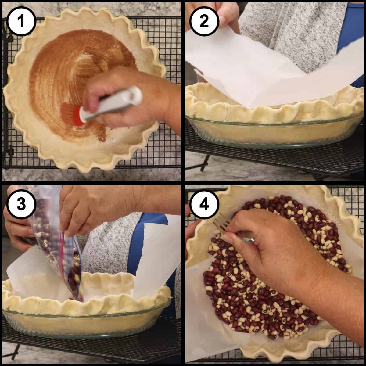 Step-by-step graphic for step 14 of Mississippi Mud Pie, showing four panels: brushing cocoa powder over the bottom of the chilled crust, lining it with parchment paper, pouring in dried beans, and spreading the beans out toward the crimped edge.