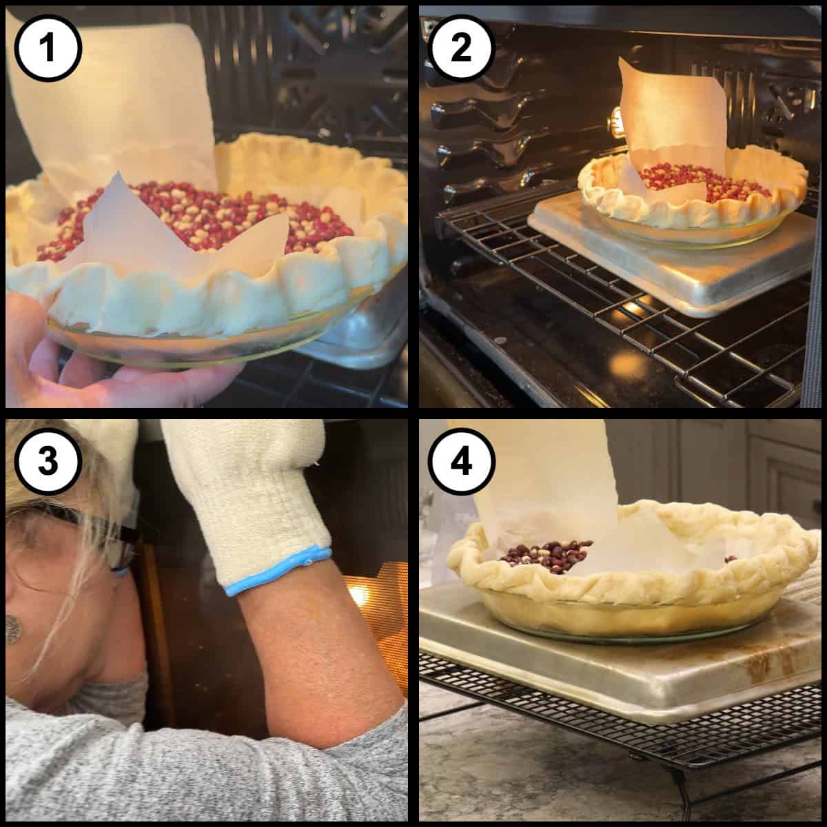 Step-by-step graphic for step 15 of Mississippi Mud Pie, showing four panels: the parchment and bean filled crust ready for the oven, the pie plate set directly on the preheated tray, checking on it, and the parbaked crust back out on a rack.