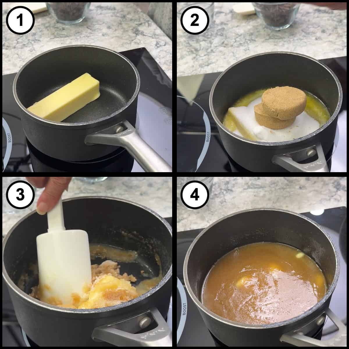 Step-by-step graphic for step 16 of Mississippi Mud Pie, showing four panels: a stick of butter melting in a saucepan, adding granulated and packed brown sugar, stirring them together with a spatula, and the melted butter and sugar mixture.