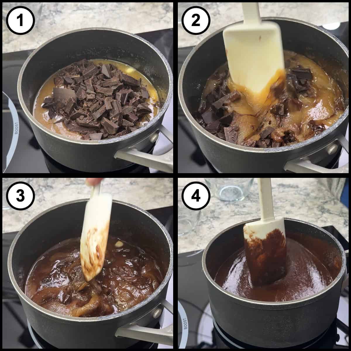 Step-by-step graphic for step 17 of Mississippi Mud Pie, showing four panels: adding the chopped chocolate to the butter and sugar in the saucepan, stirring it through, and the mixture melting down into a smooth dark chocolate filling.