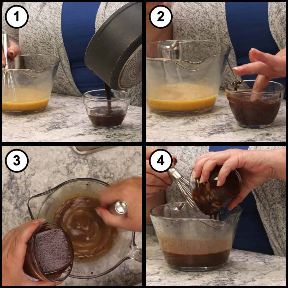 Step-by-step graphic for step 18 of Mississippi Mud Pie, showing four panels: pouring a little of the warm chocolate into a small glass bowl, testing the temperature with a clean finger, whisking it into the beaten eggs a little at a time, and adding more of the chocolate.
