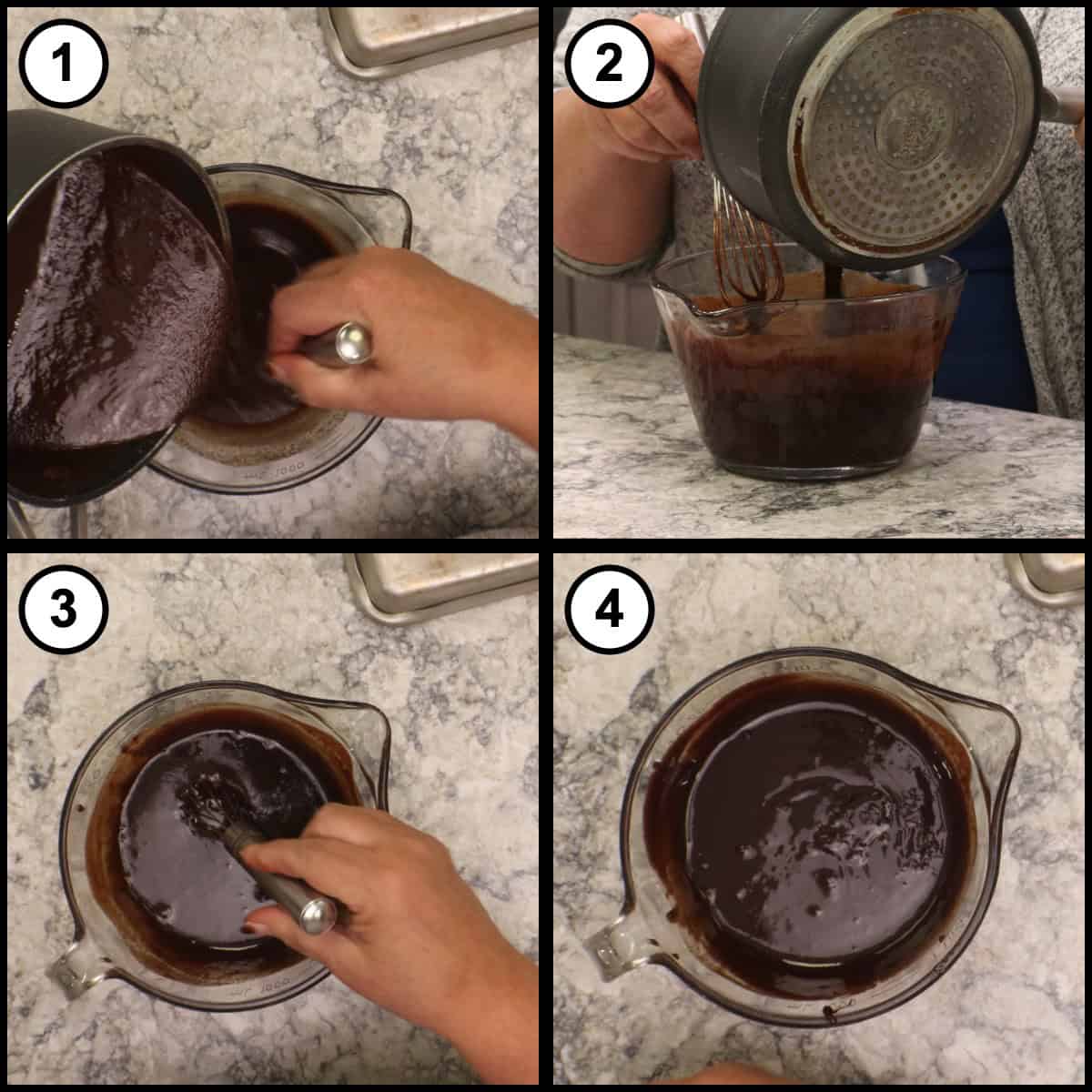 Step-by-step graphic for step 19 of Mississippi Mud Pie, showing four panels: streaming the rest of the chocolate into the tempered eggs while whisking, scraping the saucepan clean, and the finished filling thickened in the glass measuring bowl.