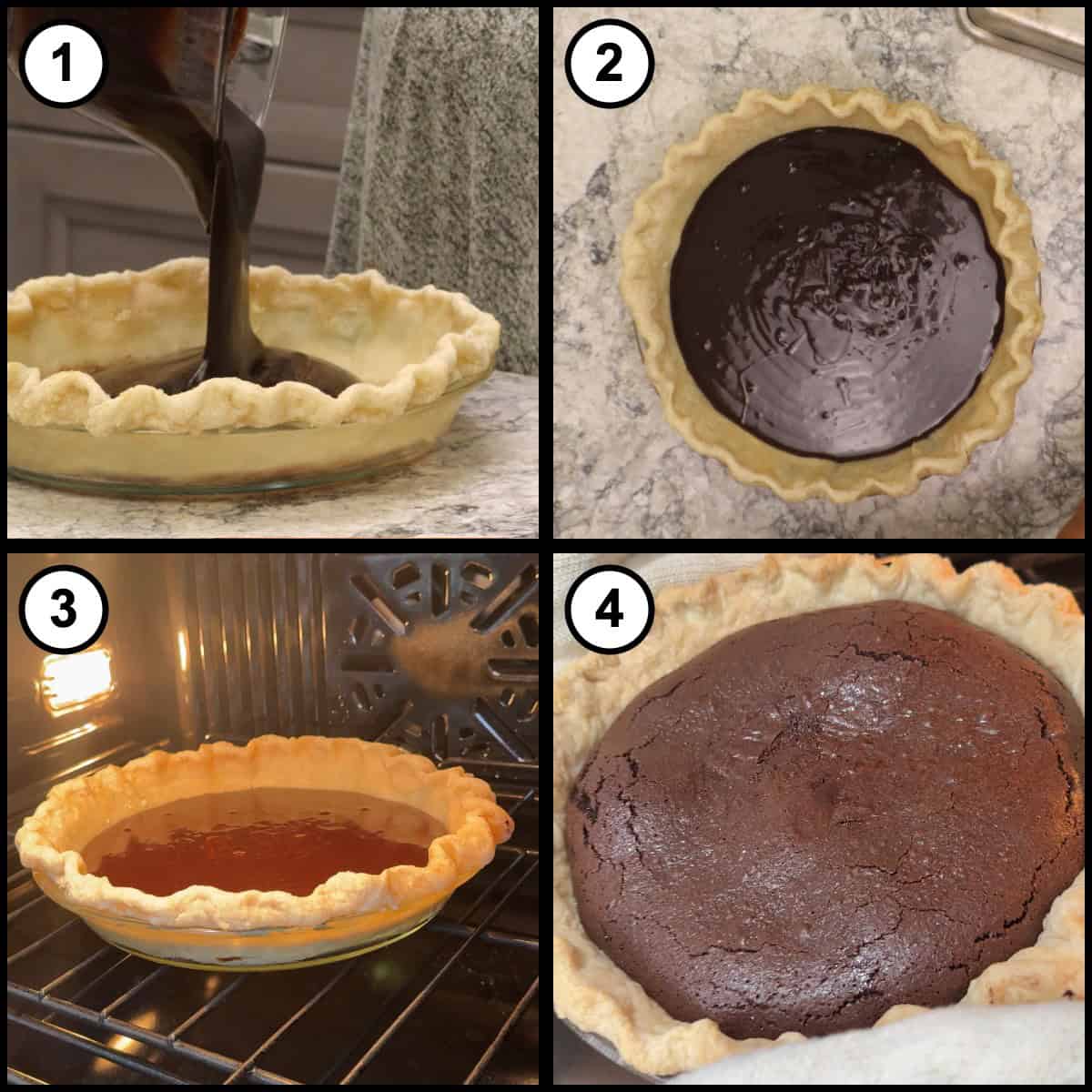 Step-by-step graphic for step 20 of Mississippi Mud Pie, showing four panels: pouring the chocolate filling into the parbaked crust, the filled pie before baking, the pie baking in the oven, and the baked pie with its crackly brownie top.