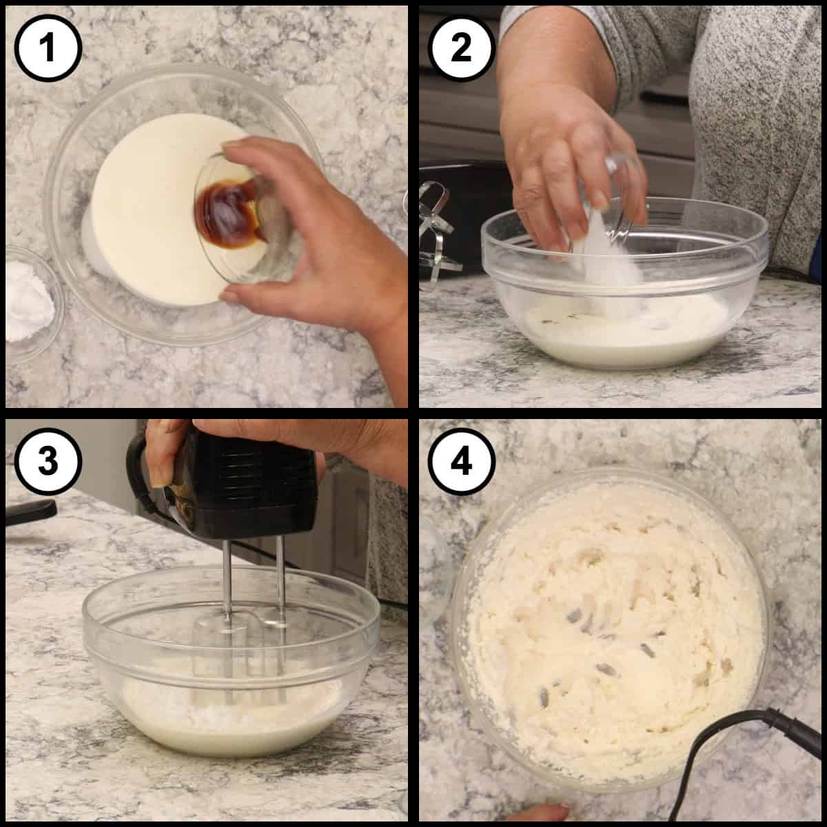 Step-by-step graphic for step 21 of Mississippi Mud Pie, showing four panels: adding vanilla to heavy cream in a glass bowl, adding powdered sugar, whipping it with a hand mixer, and the finished Chantilly cream holding its peaks.
