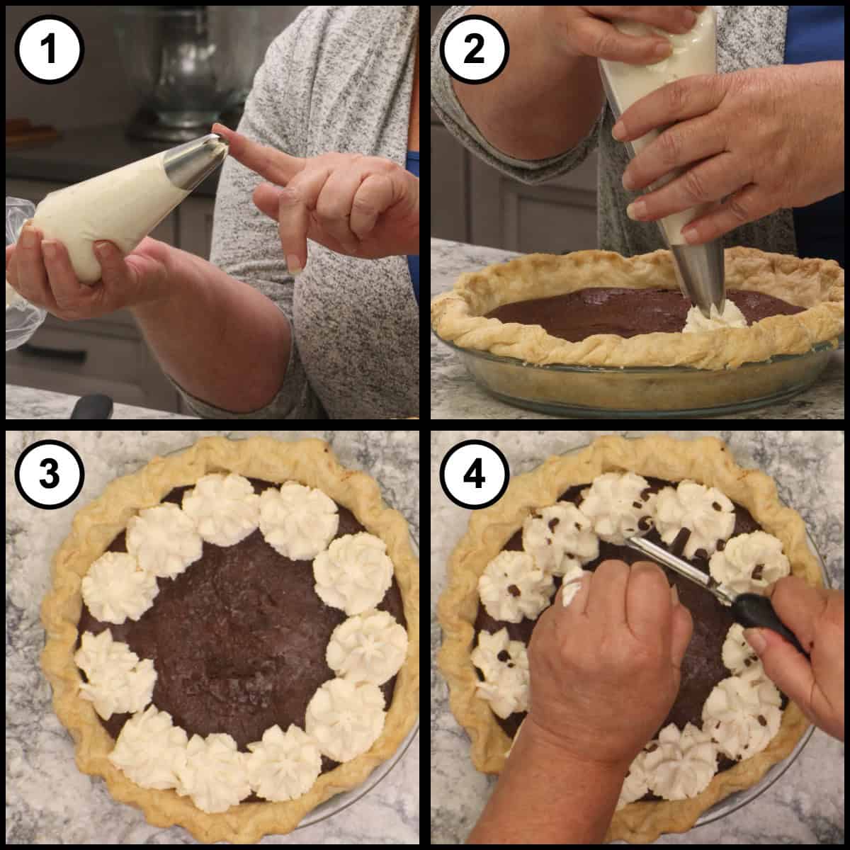 Step-by-step graphic for step 22 of Mississippi Mud Pie, showing four panels: fitting a piping bag with a large open star tip, piping Chantilly cream around the edge of the pie, the finished ring of cream rosettes, and shaving chocolate over them with a vegetable peeler.