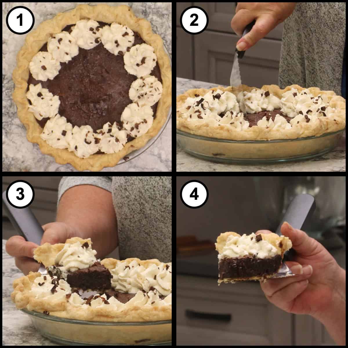 Step-by-step graphic for step 23 of Mississippi Mud Pie, showing four panels: the finished pie ringed with Chantilly cream and chocolate shavings, cutting into it with a knife, lifting out the first slice, and the slice on a server showing the fudgy chocolate filling.