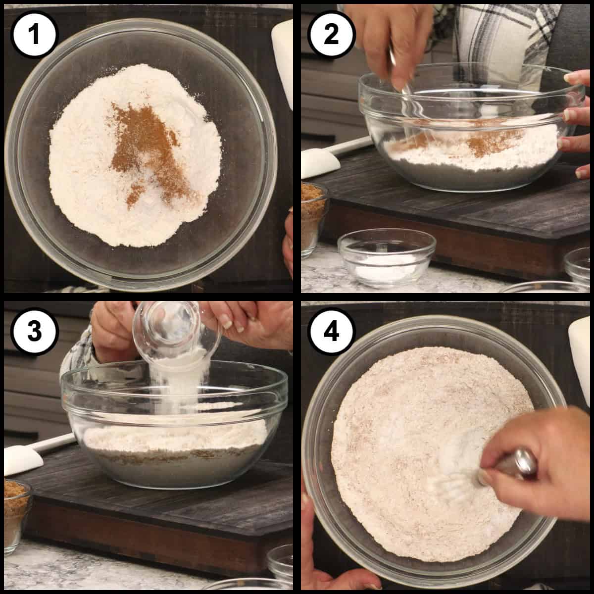 Step-by-step graphic, step 1 for Glazed Pumpkin Bread: spices on top of flour in a glass bowl, adding baking powder, and whisking the dry ingredients together.