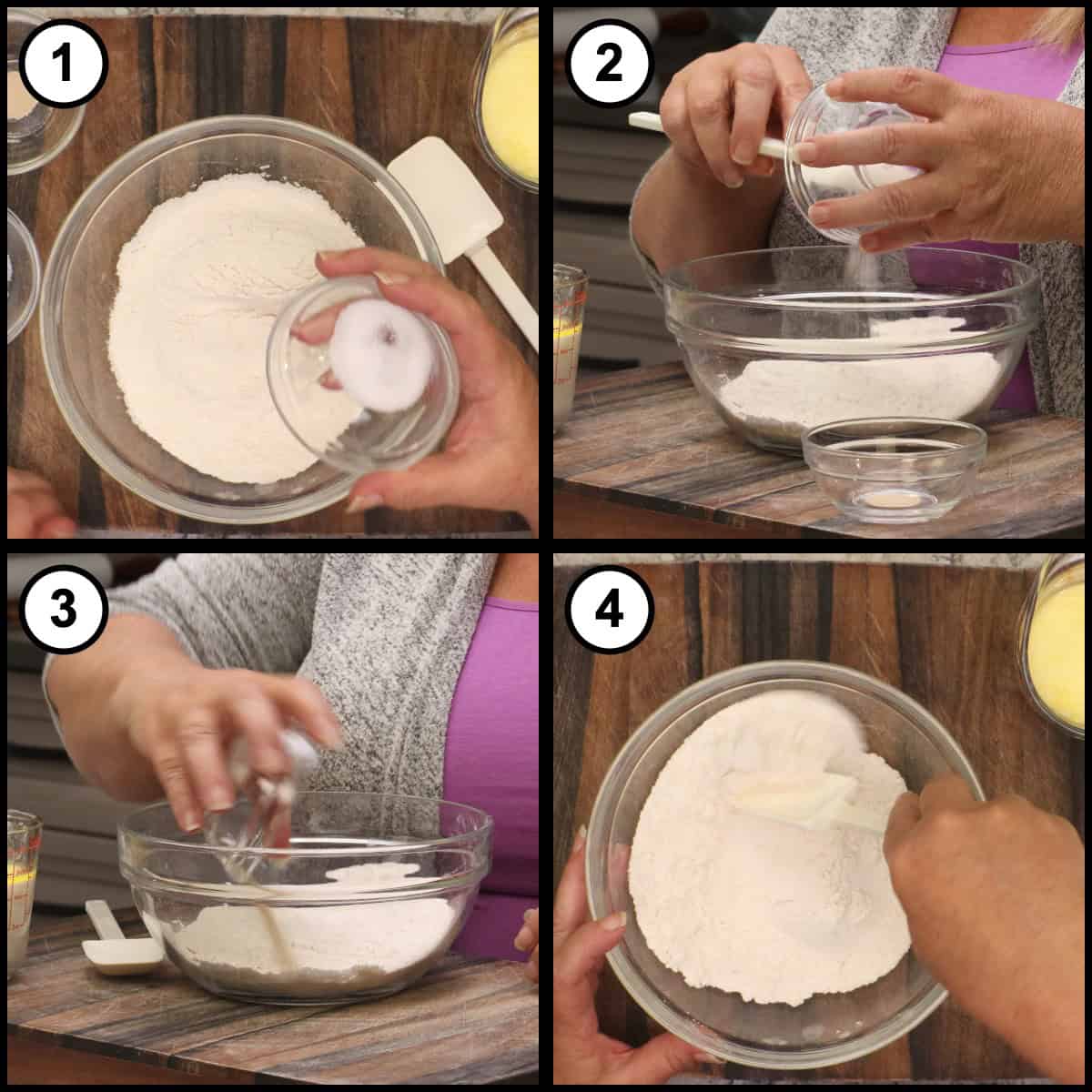 Step 1 step-by-step graphic for No Knead English Muffins: salt, sugar and yeast are added to a glass bowl of bread flour, then stirred together with a white spatula.