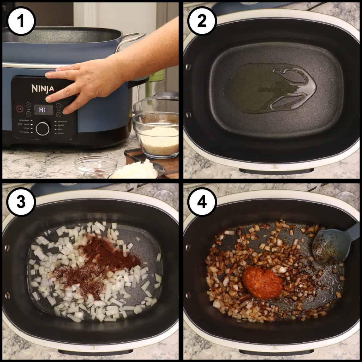 Step-by-step graphic for step 1 of Shrimp & Grits (Possible cooker Pro: setting the Ninja Possible Cooker Pro to Sear/Sauté, oil heating in the pot, diced onion topped with smoked paprika and seasonings, and chorizo added to the sautéed onions.