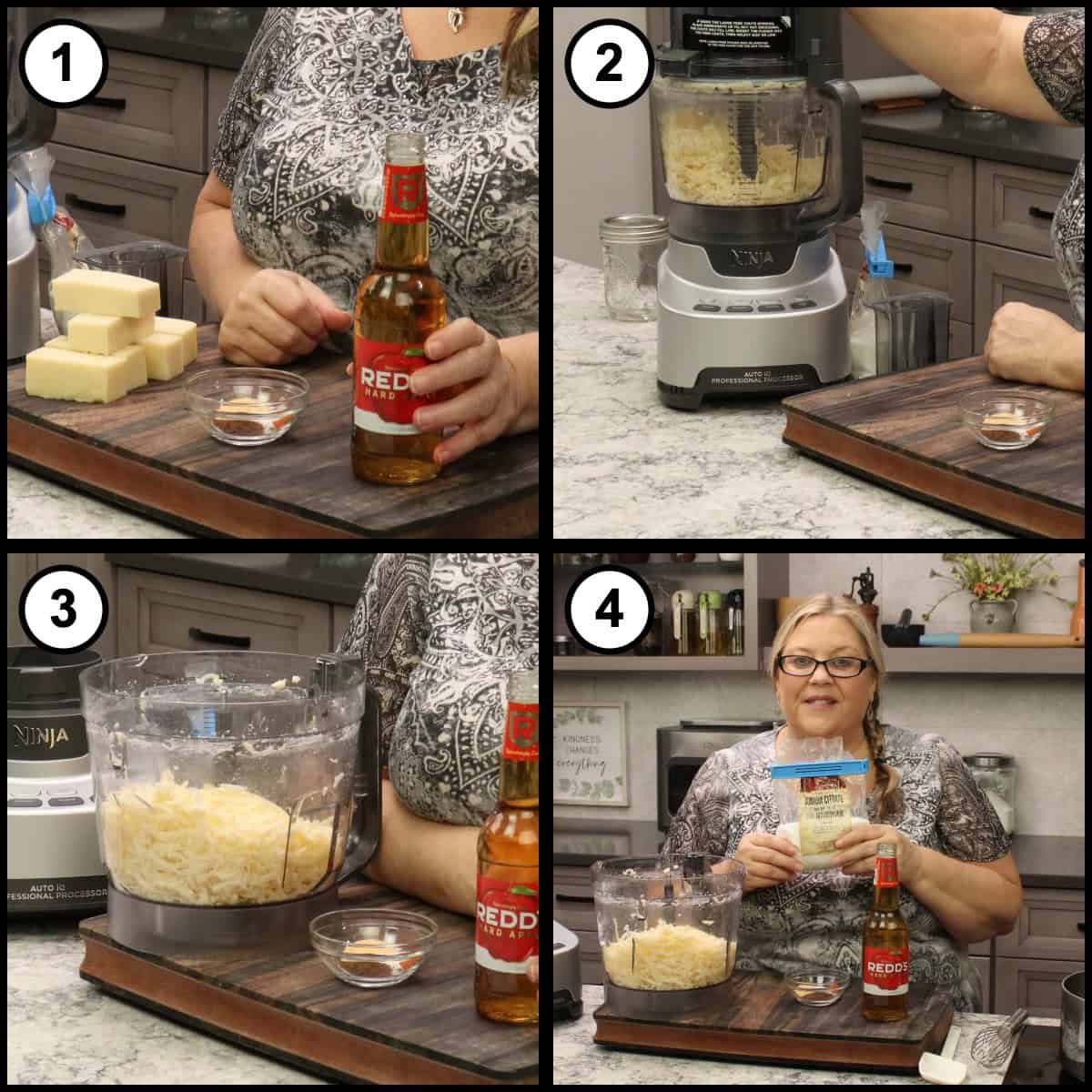 Step 1 step-by-step graphic for Beer Cheese Dip: blocks of white cheddar and Monterey Jack, a bowl of spices and a bottle of hard apple beer, then the cheese shredded in a food processor and a bag of sodium citrate.