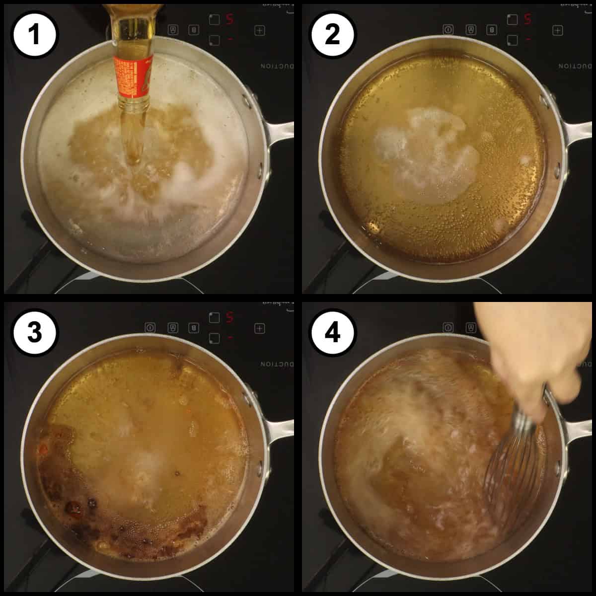 Step 2 step-by-step graphic for Beer Cheese Dip: apple beer poured into a saucepan on an induction burner, heated until bubbling, then the spices and sodium citrate added and whisked in.