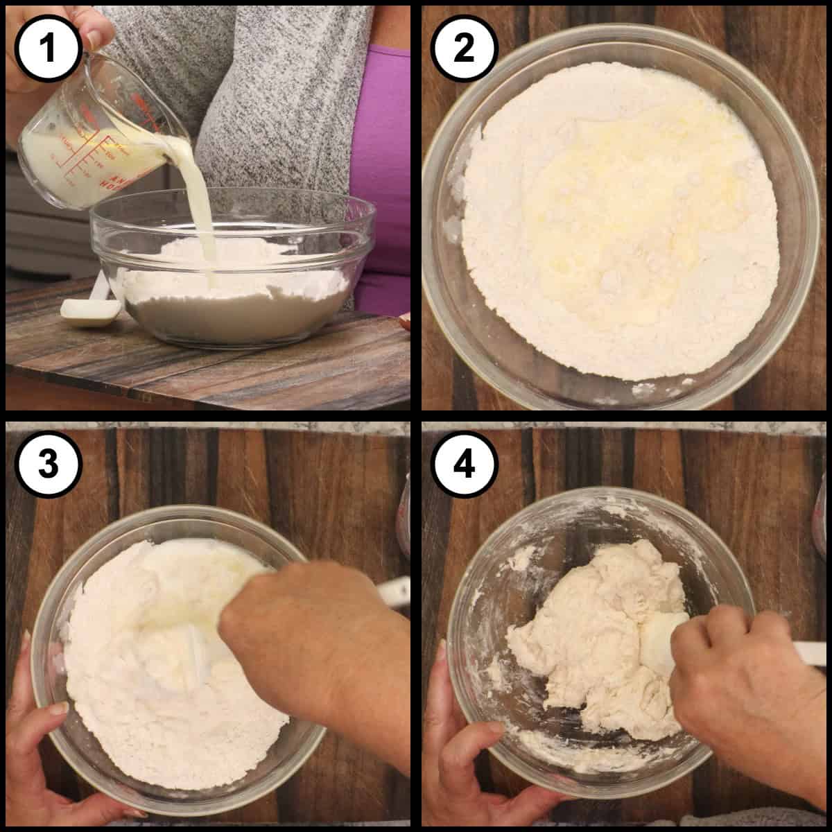 Step 2 step-by-step graphic for No Knead English Muffins: warm milk and melted butter are poured into the flour and folded with a spatula until a shaggy dough forms.