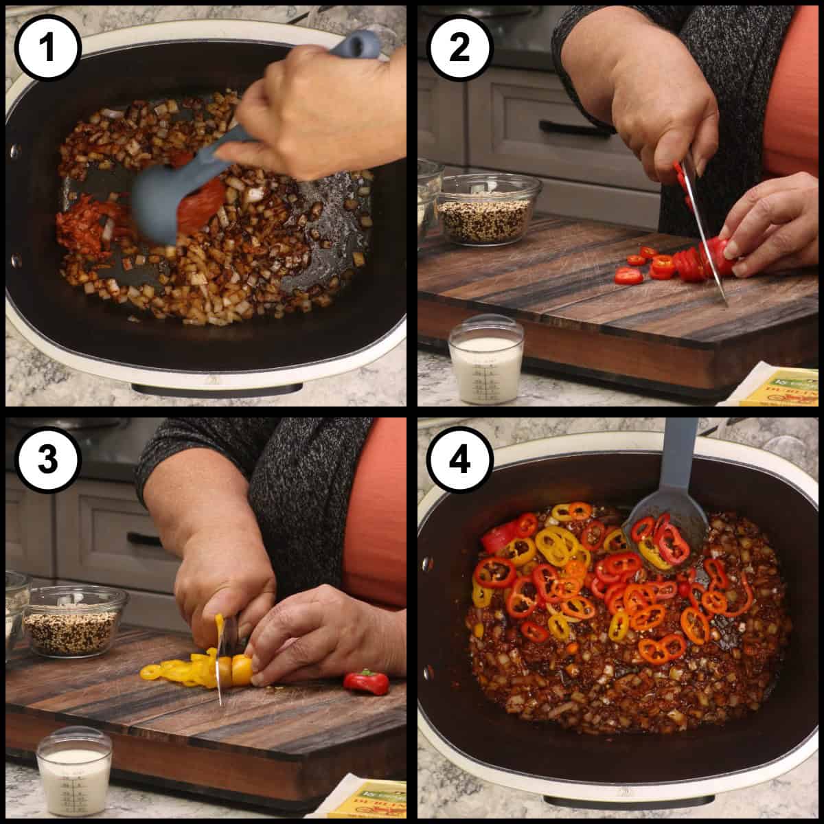 Step-by-step graphic for step 2 of Shrimp & Grits (Possible cooker Pro: breaking up the chorizo with the onions, slicing red and yellow mini peppers into rings, and the pepper rings added to the pot.