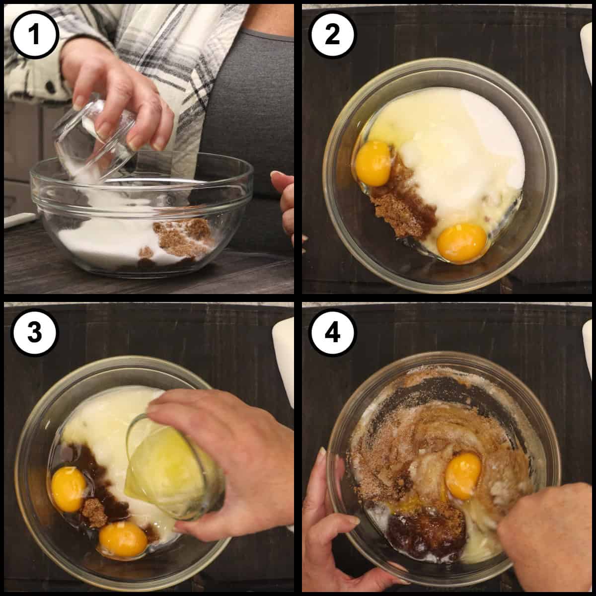 Step-by-step graphic, step 2 for Glazed Pumpkin Bread: brown and white sugar in a glass bowl, eggs and melted butter added, and everything whisked together.