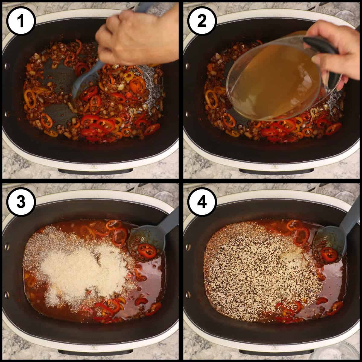 Step-by-step graphic for step 3 of Shrimp & Grits (Possible cooker Pro: stirring the chorizo and peppers, pouring in chicken broth, then adding stone ground grits and multicolored quinoa.